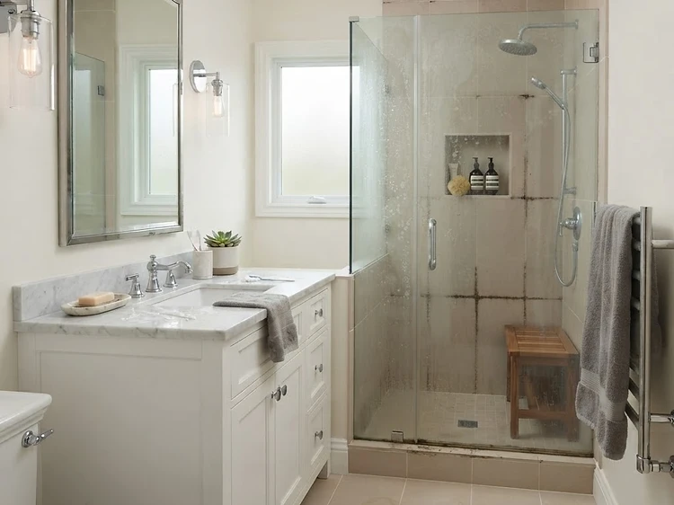 Bathroom shower glass, tiles, and vanity before and after a sanitation clean — Before