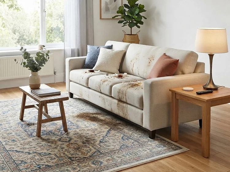 Upholstered sofa and patterned area rug before and after a carpet and upholstery clean — Before