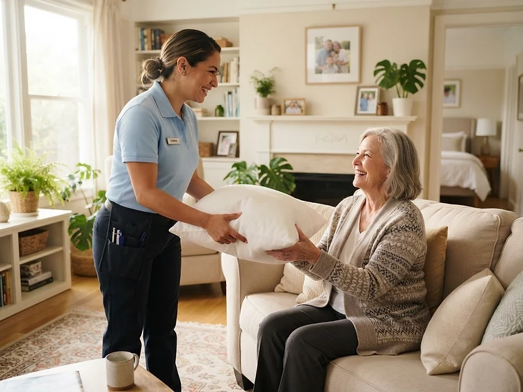 A friendly cleaner helping a senior homeowner with a fresh pillow