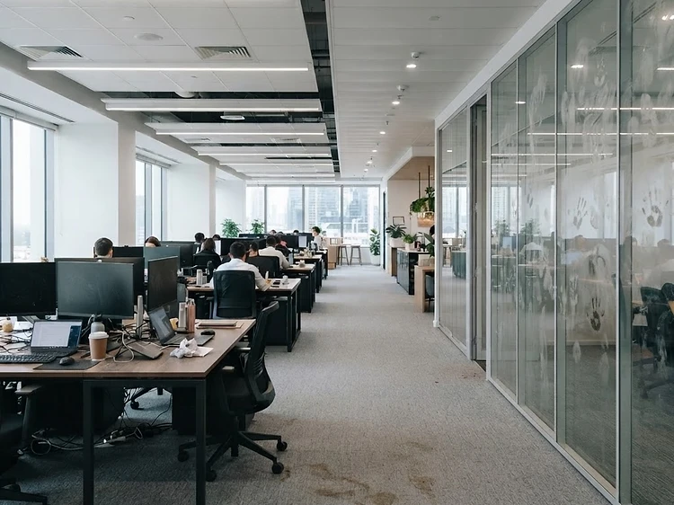 Commercial office desks, carpet, and glass partition before and after a commercial clean — Before