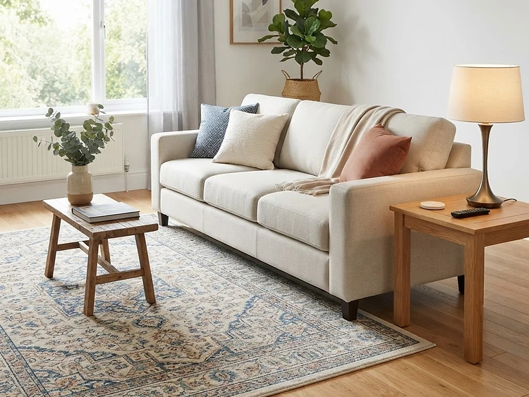 Upholstered sofa and patterned area rug before and after a carpet and upholstery clean — After