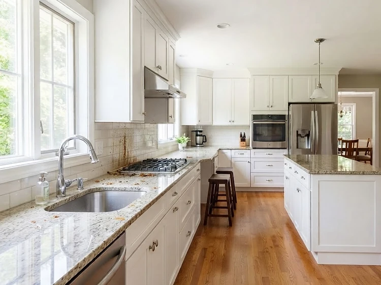 Residential kitchen countertop, stovetop, and sink before and after a professional deep clean — Before