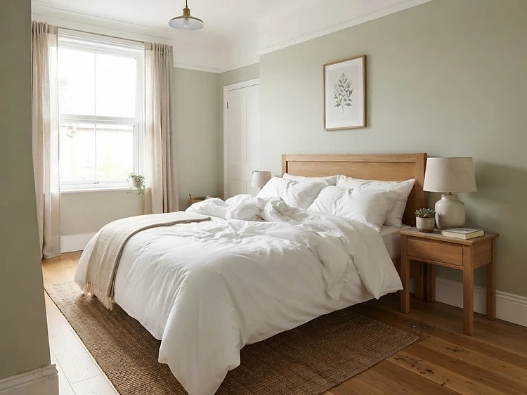 Bedroom bed, headboard, and baseboards before and after a deep clean — Before