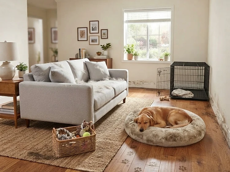 Pet-friendly living room sofa, dog bed, and hardwood floor before and after a pet-friendly clean — Before