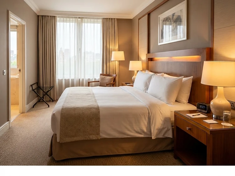 Hotel room bed, nightstand, and carpet before and after a hospitality turnover clean — After