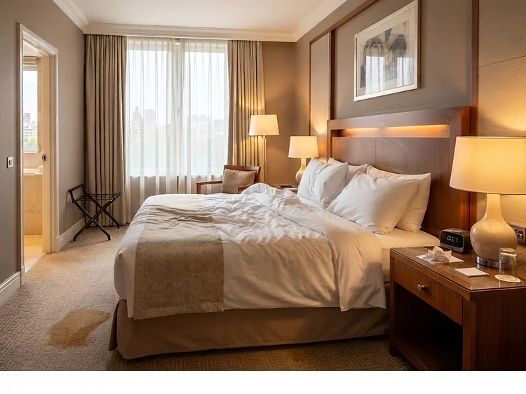 Hotel room bed, nightstand, and carpet before and after a hospitality turnover clean — Before