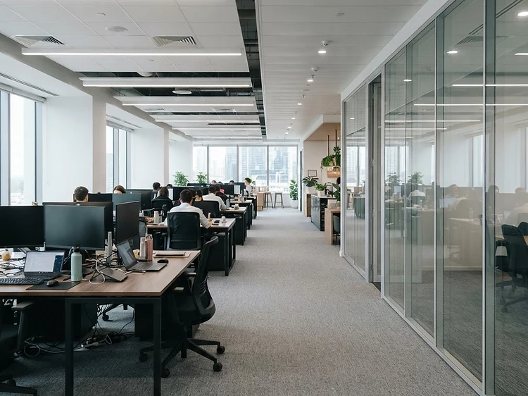 Commercial office desks, carpet, and glass partition before and after a commercial clean — After