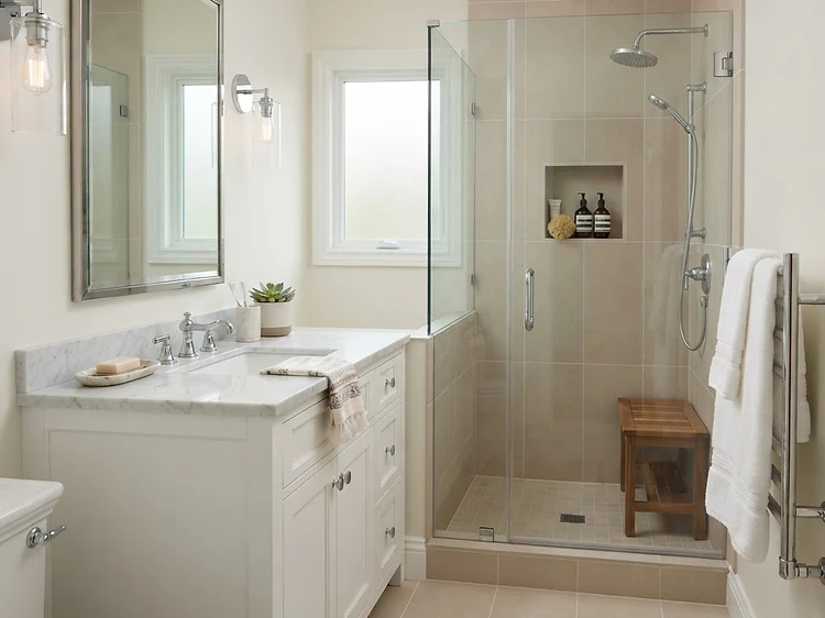 Bathroom shower glass, tiles, and vanity before and after a sanitation clean — After