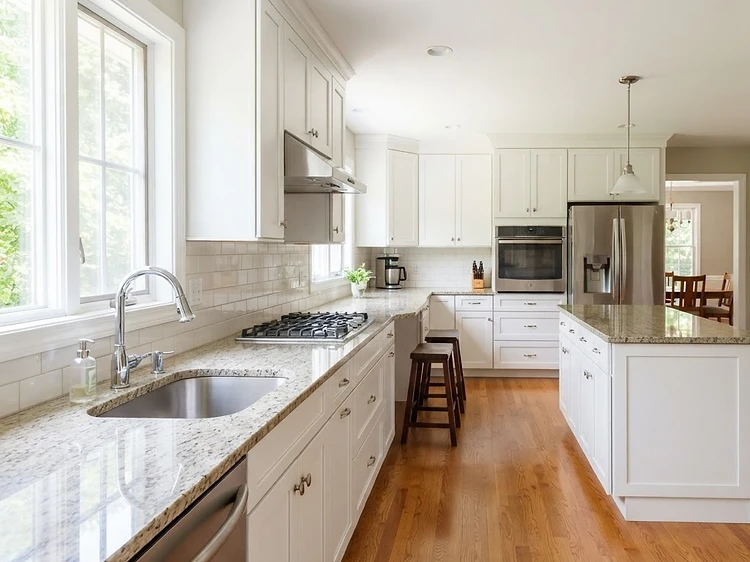 Residential kitchen countertop, stovetop, and sink before and after a professional deep clean — After