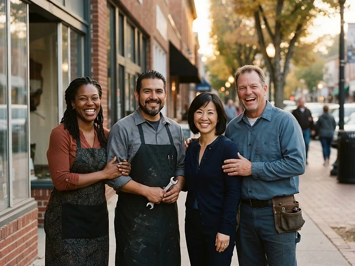 Diverse small business owners standing together outside their storefronts