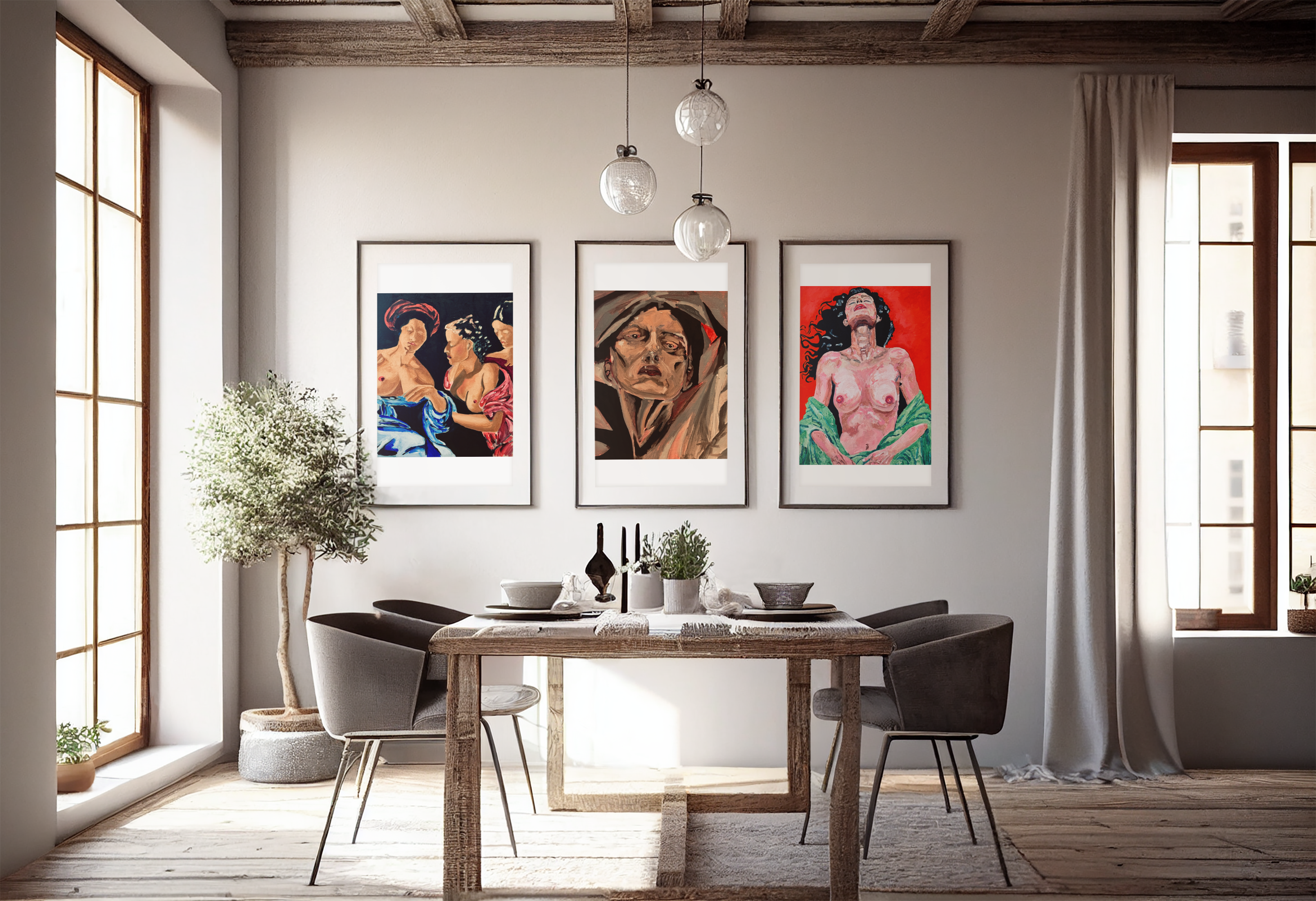 Oil Paintings — three framed paintings of women hanging in a dining room