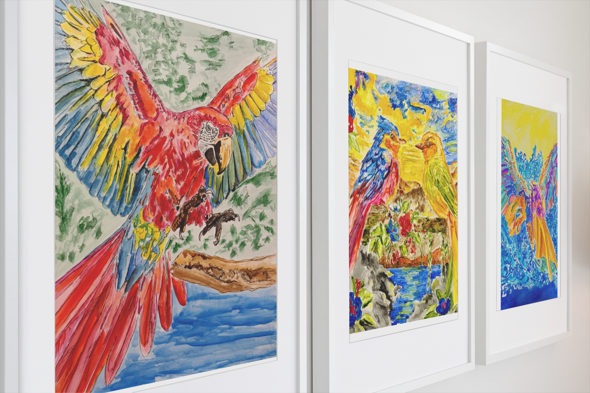 Watercolors — three framed bird paintings hanging on a wall