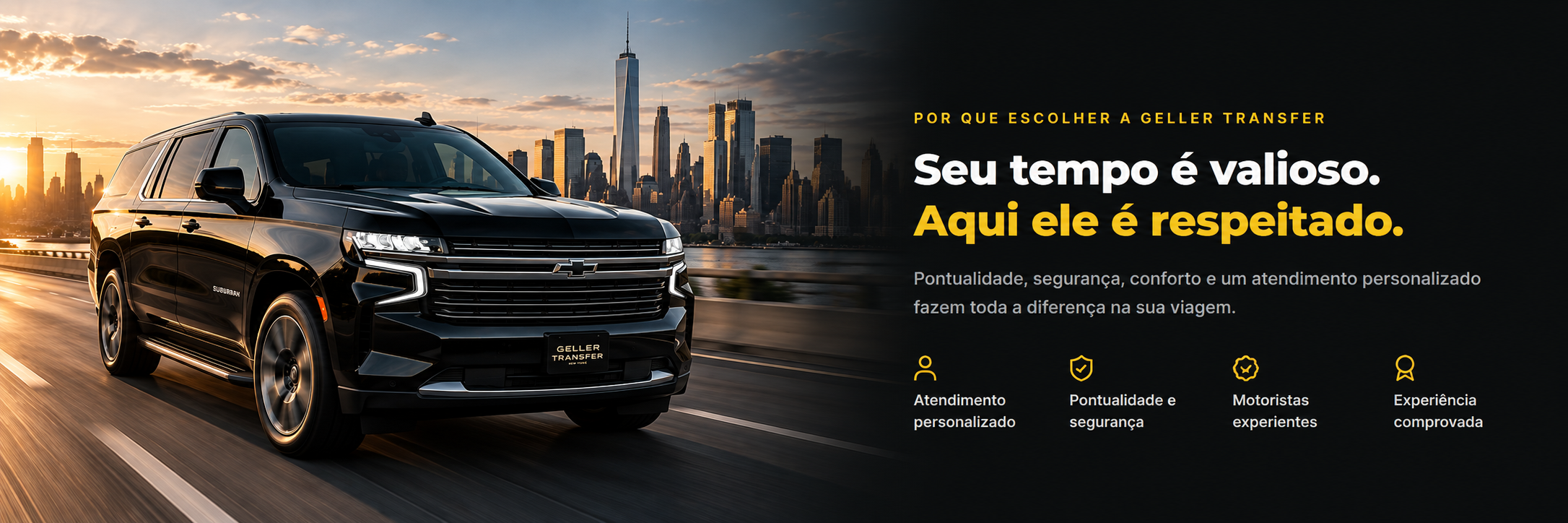 SUV executivo na estrada com o skyline de Nova York ao entardecer