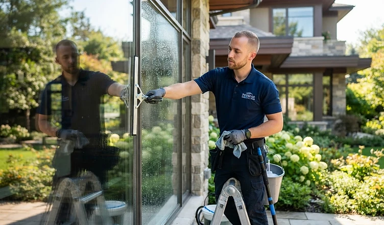 Window cleaning technician cleaning a residential window