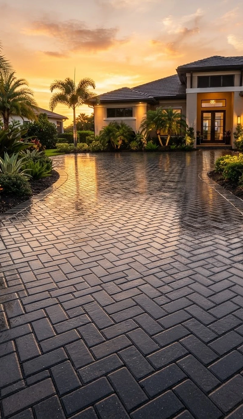 Freshly sealed charcoal paver driveway with a rich wet-look sheen at golden hour