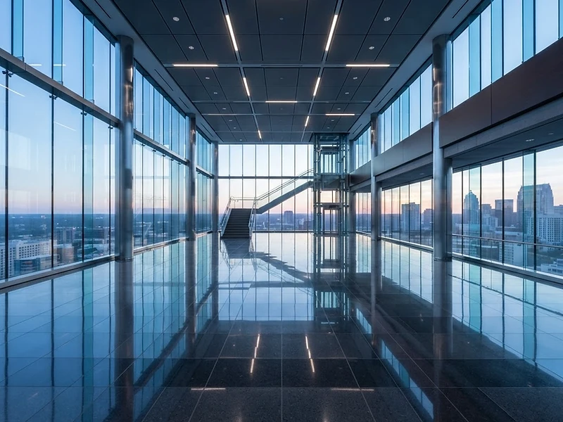 Glass-walled corporate lobby at sunrise with a polished reflective floor