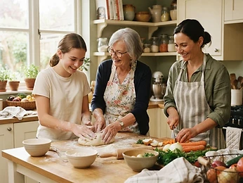 A grandmother teaching a teenager to knead dough while a parent chops vegetables.