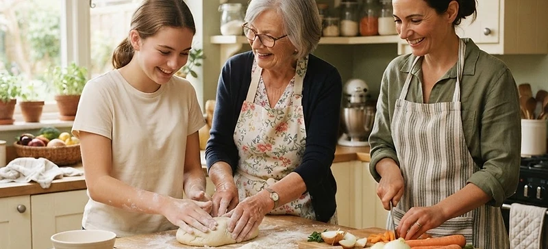 Three generations of a family cooking together in a bright kitchen.
