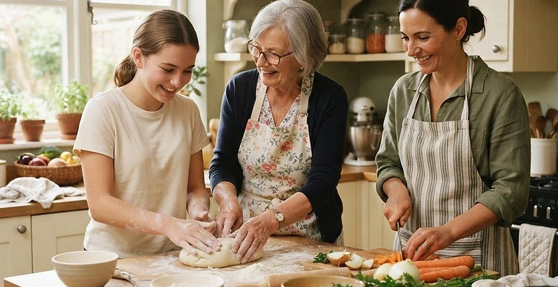Three generations of a family cooking together in a bright kitchen.