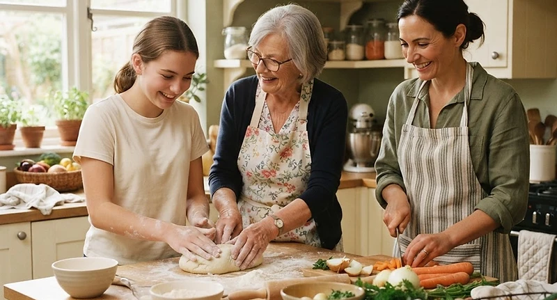 Three generations of a family cooking together in a bright kitchen.