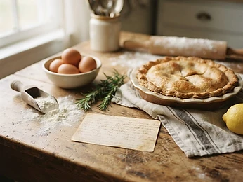 A handwritten recipe card beside an open, well-worn family cookbook.
