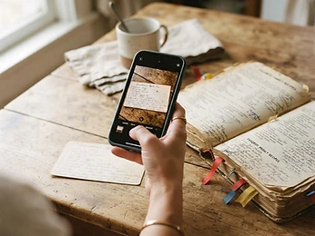 A hand photographing an old handwritten recipe card resting on a worn cookbook.