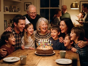 A family gathered around a birthday cake with glowing candles, laughing.