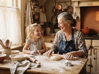 A grandmother and granddaughter laughing together while rolling out dough.