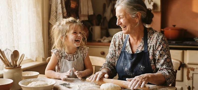 A grandmother and granddaughter baking together at a flour-covered table.