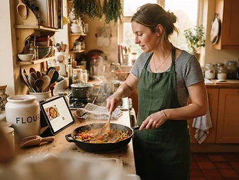 A cook glancing at a recipe on a tablet propped against a jar of flour while dinner cooks.