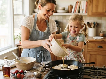 A parent and child making pancakes together on a bright weekend morning.