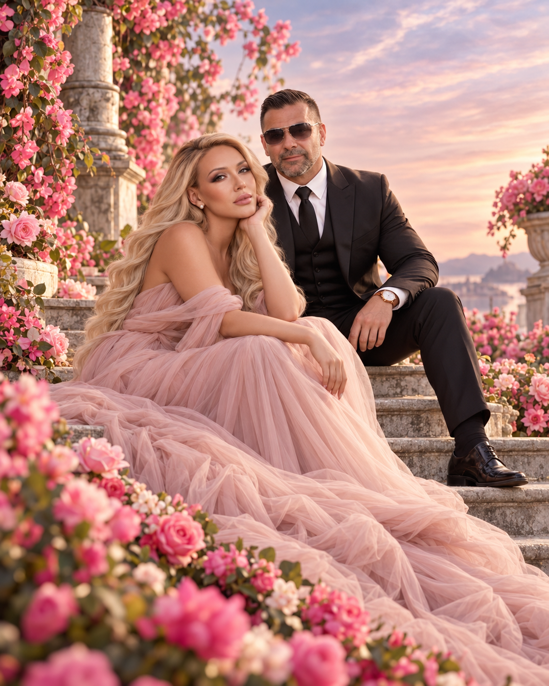 Kaya Jones and HouseNatic seated on garden steps among pink roses