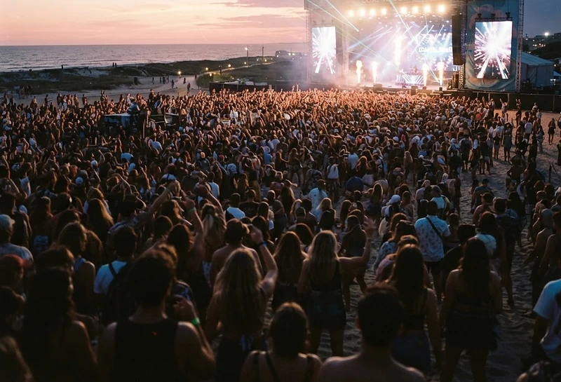 Festival crowd by the coast at sunset