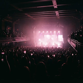 Packed theater under rose stage lights