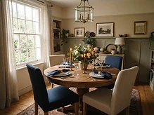 Elegant dining room set for four in a future personal care home