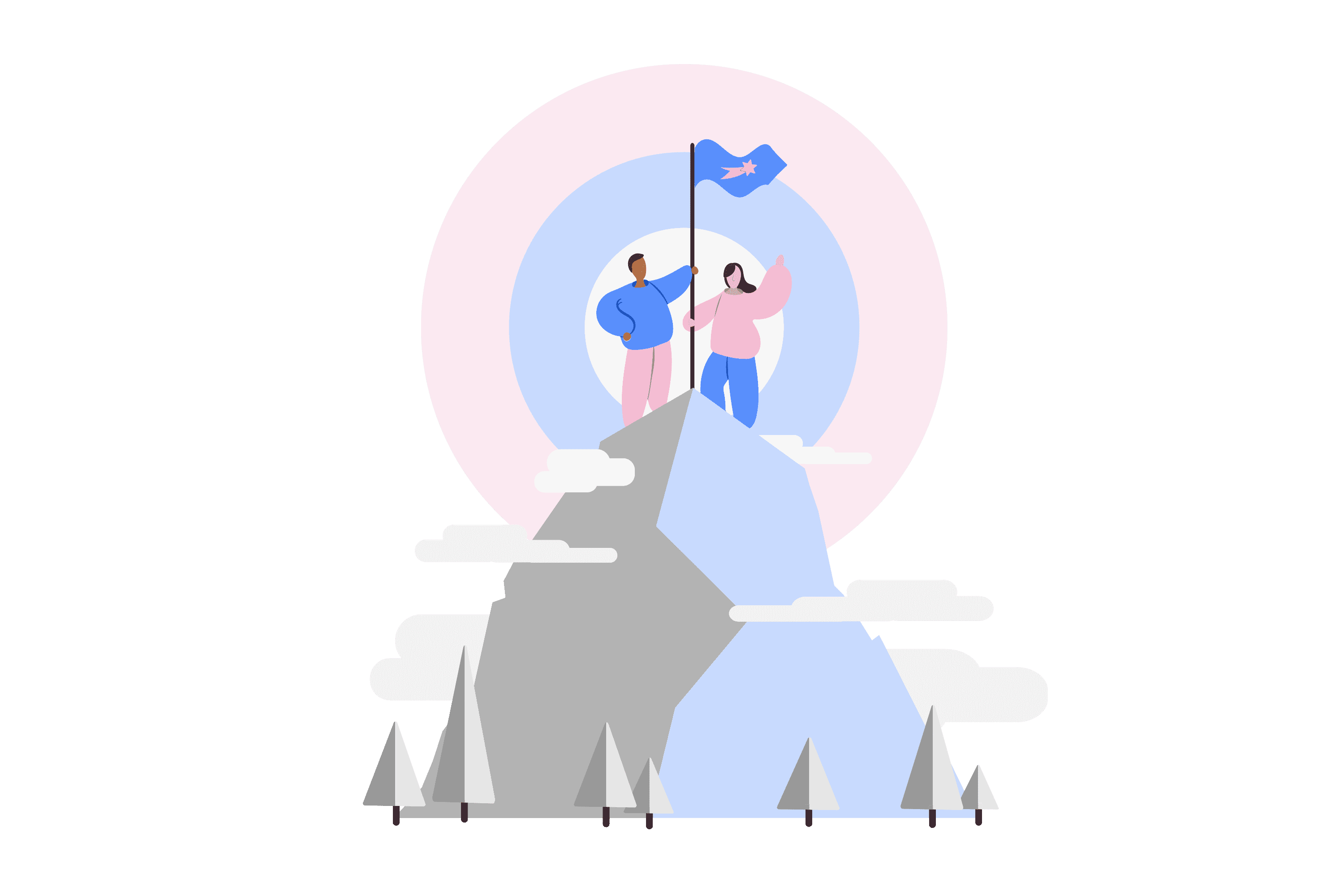 Ilustração de duas pessoas plantando uma bandeira no pico de uma montanha, representando a conquista de um objetivo