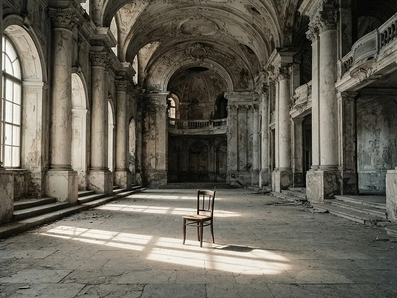 An empty grand architectural hall with a single chair in the light