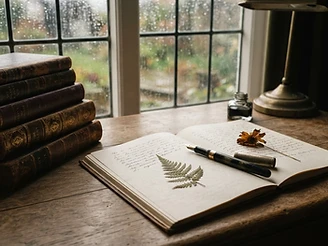 The author's writing desk by a rain-streaked window
