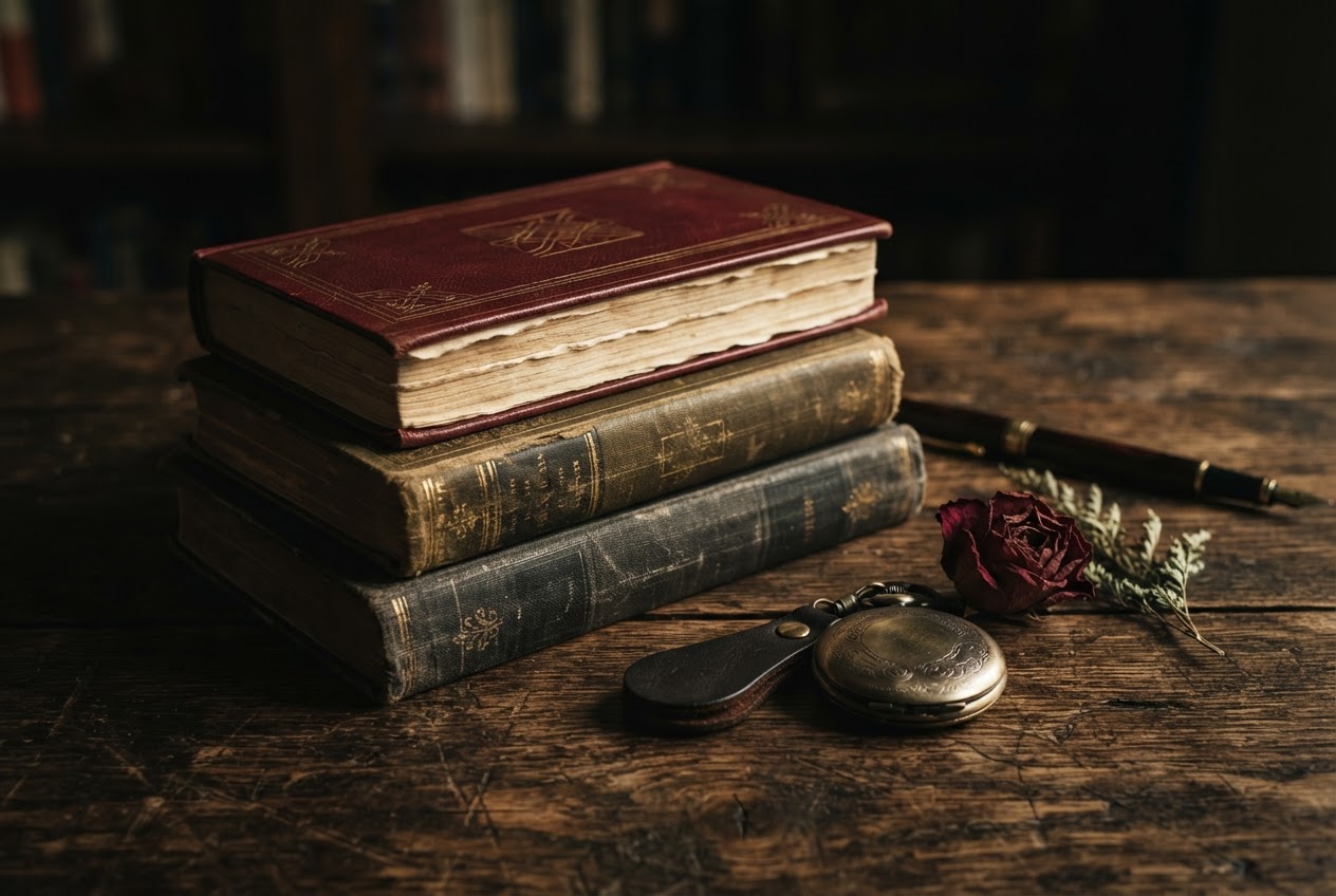 A still life of poetry books on an oak table