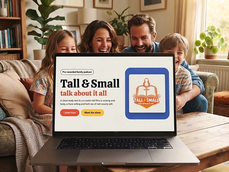 A family laughing together while listening to the Tall and Small podcast