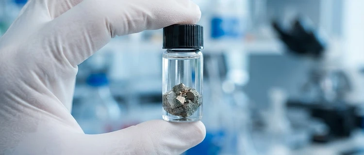 Gloved hand holding a sealed sample vial for asbestos testing in Mobile AL