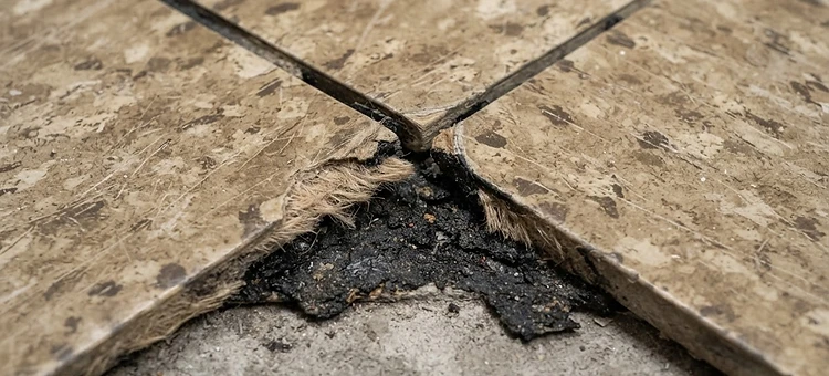 Macro detail of 9x9 vinyl asbestos floor tiles with black mastic in a Mobile AL home