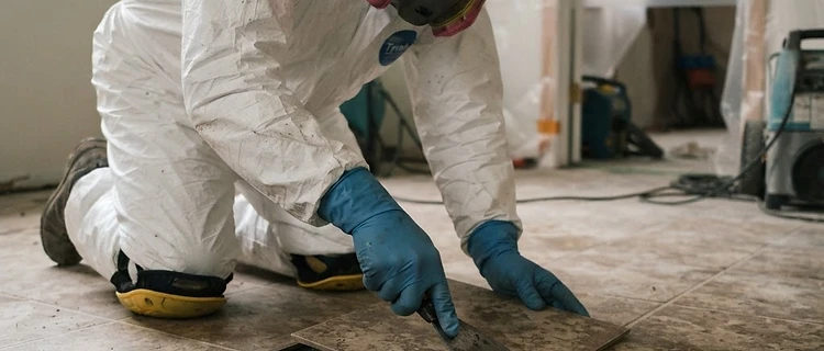 Asbestos abatement contractor removing 9x9 vinyl floor tiles and black mastic in a Mobile AL home