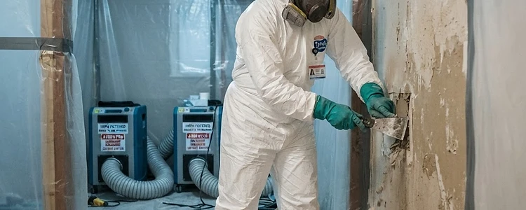 Licensed asbestos abatement contractor in PPE performing removal under containment in Mobile, AL
