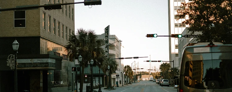 Downtown Mobile, Alabama street scene at golden hour