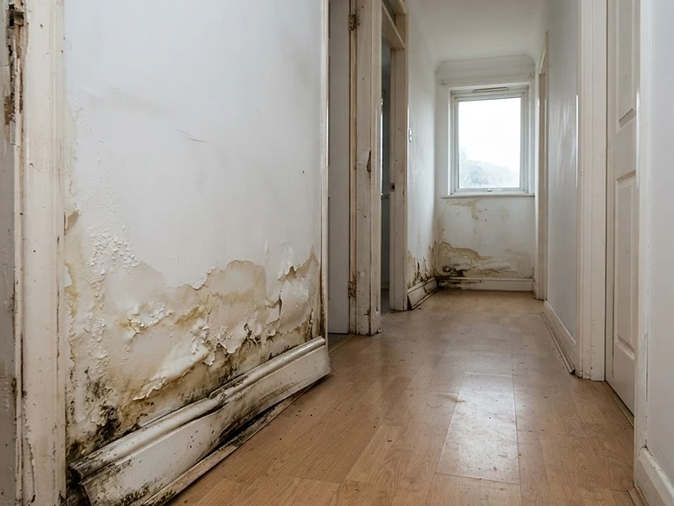 Water-Stained Drywall & Baseboard — before