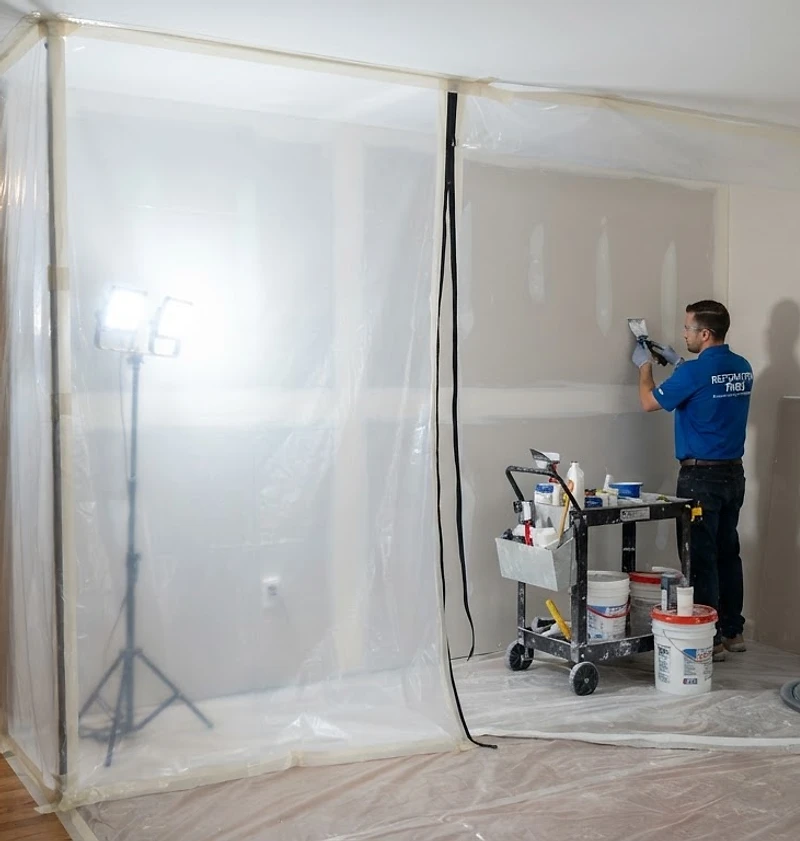 CMRC-certified technician remediating mold inside a containment barrier
