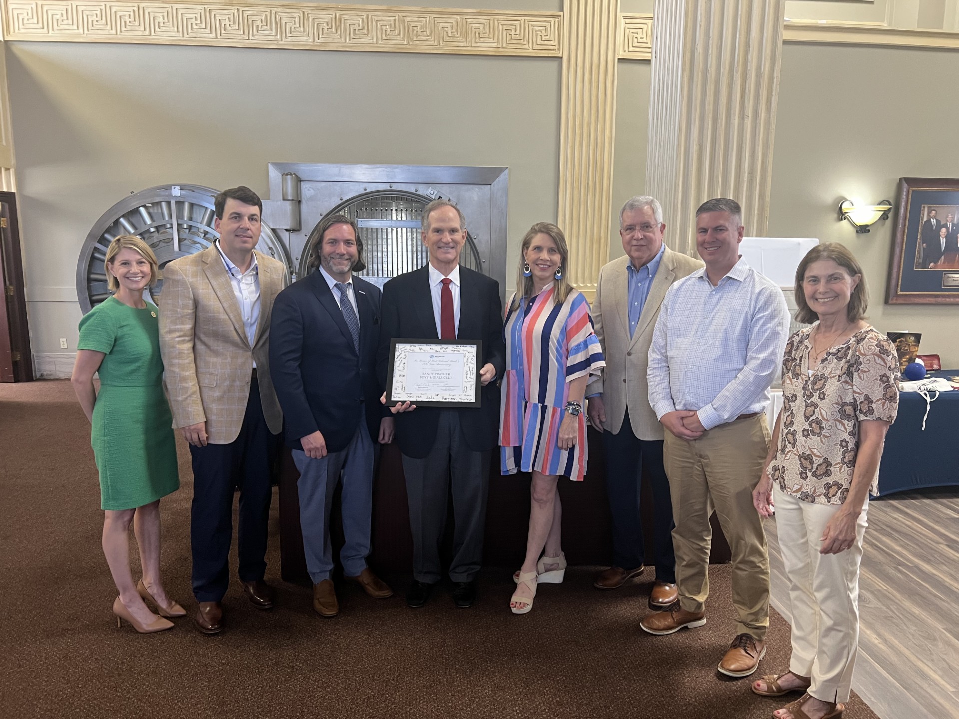 First National Bank of Louisiana centennial donation announcement