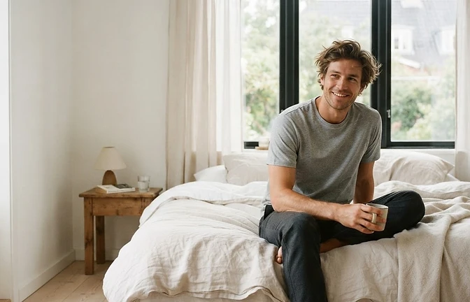 Man relaxing in a soft cotton-blend tee on light bedding in a bright room