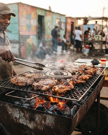 Meat grilling over charcoal at a township shisanyama